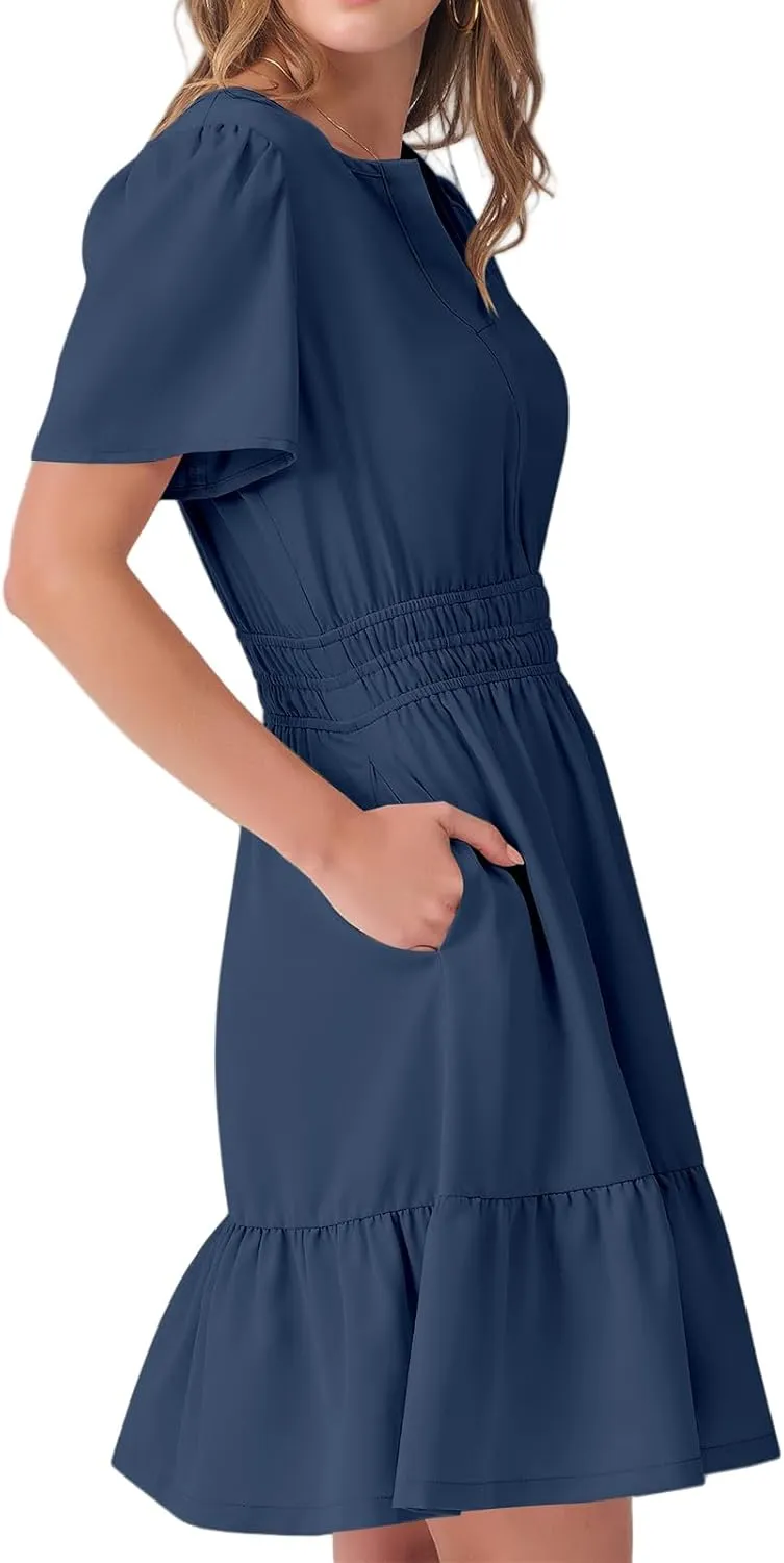 Womens Boho Short Summer Dresses Casual Beach Vacation Sun Dress V Neck Short Sleeve Floral A-Line High Waist Dresses