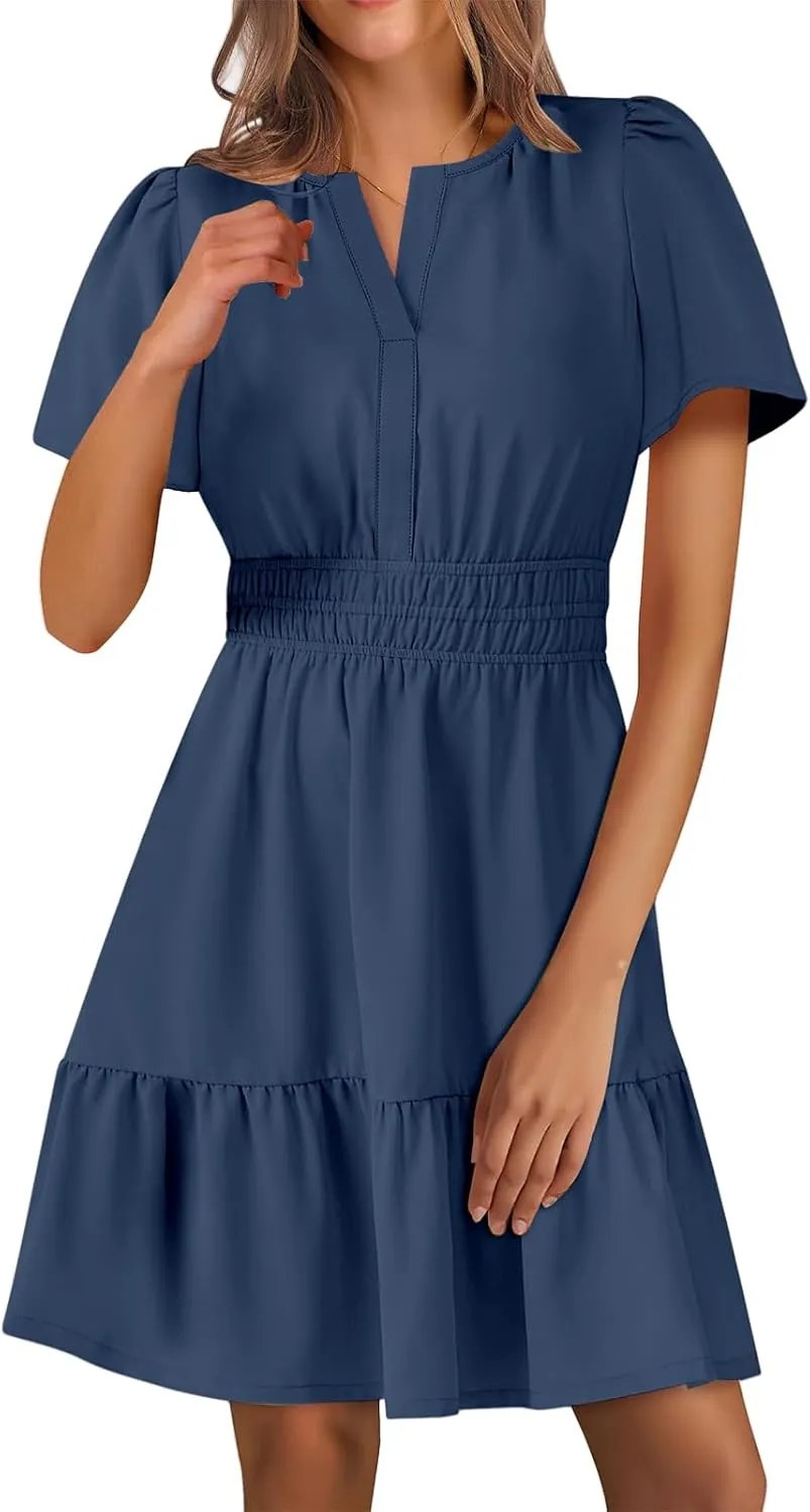 Womens Boho Short Summer Dresses Casual Beach Vacation Sun Dress V Neck Short Sleeve Floral A-Line High Waist Dresses