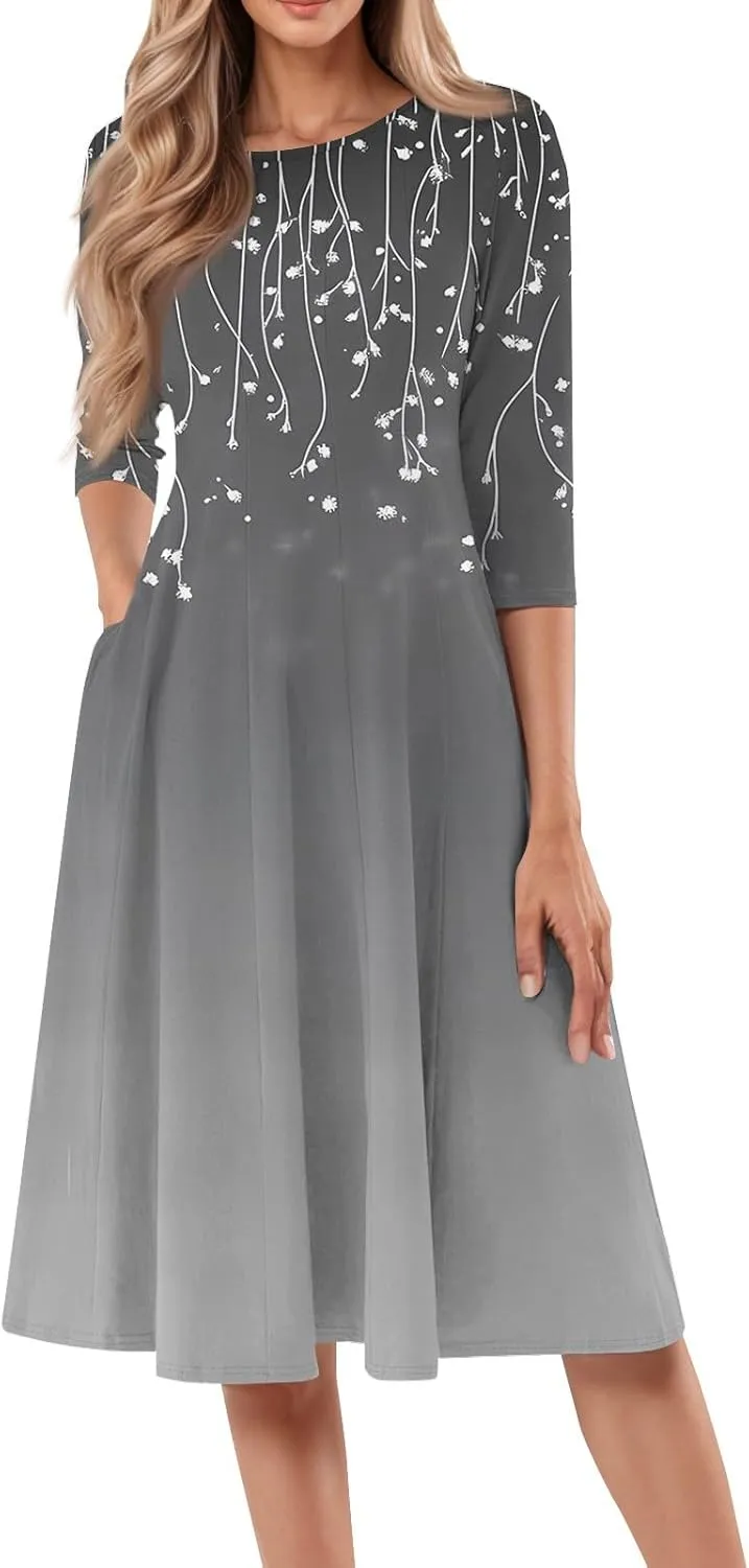 Women's Cute Summer Dresses Neck Three Quarter Sleeves Floral Print Loose Boho Flowy with Pockets Midi Dress, S-3XL
