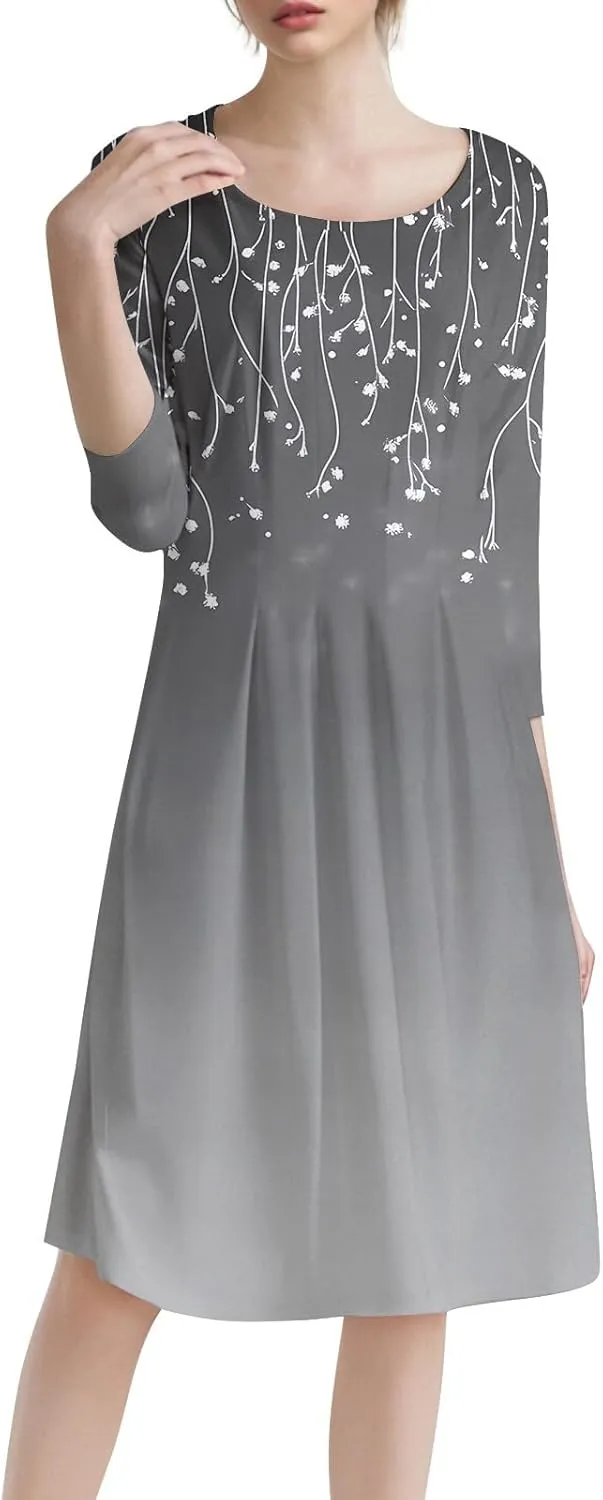 Women's Cute Summer Dresses Neck Three Quarter Sleeves Floral Print Loose Boho Flowy with Pockets Midi Dress, S-3XL