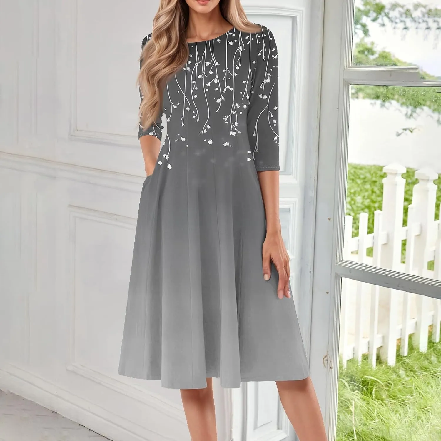 Women's Cute Summer Dresses Neck Three Quarter Sleeves Floral Print Loose Boho Flowy with Pockets Midi Dress, S-3XL
