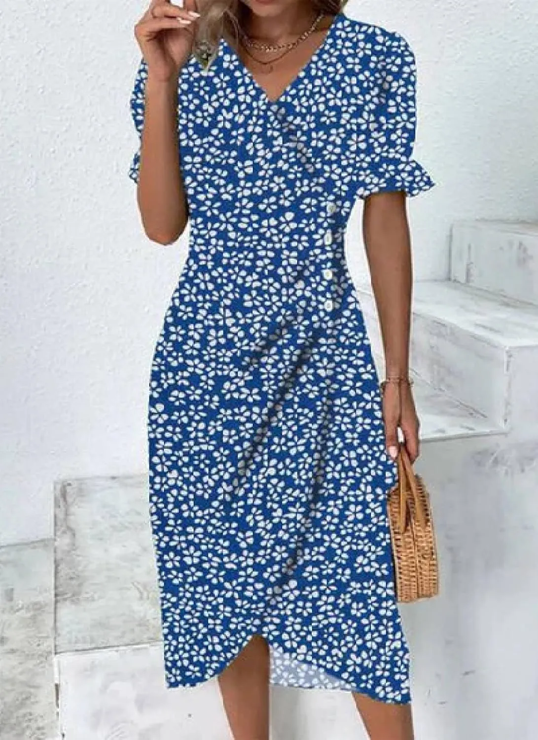 Women's Dresses Print V Neck Ruffles Short Sleeve Dress Midi A Line Side Buttons Dress Wrap Dresses