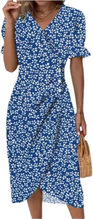 Women's Dresses Print V Neck Ruffles Short Sleeve Dress Midi A Line Side Buttons Dress Wrap Dresses