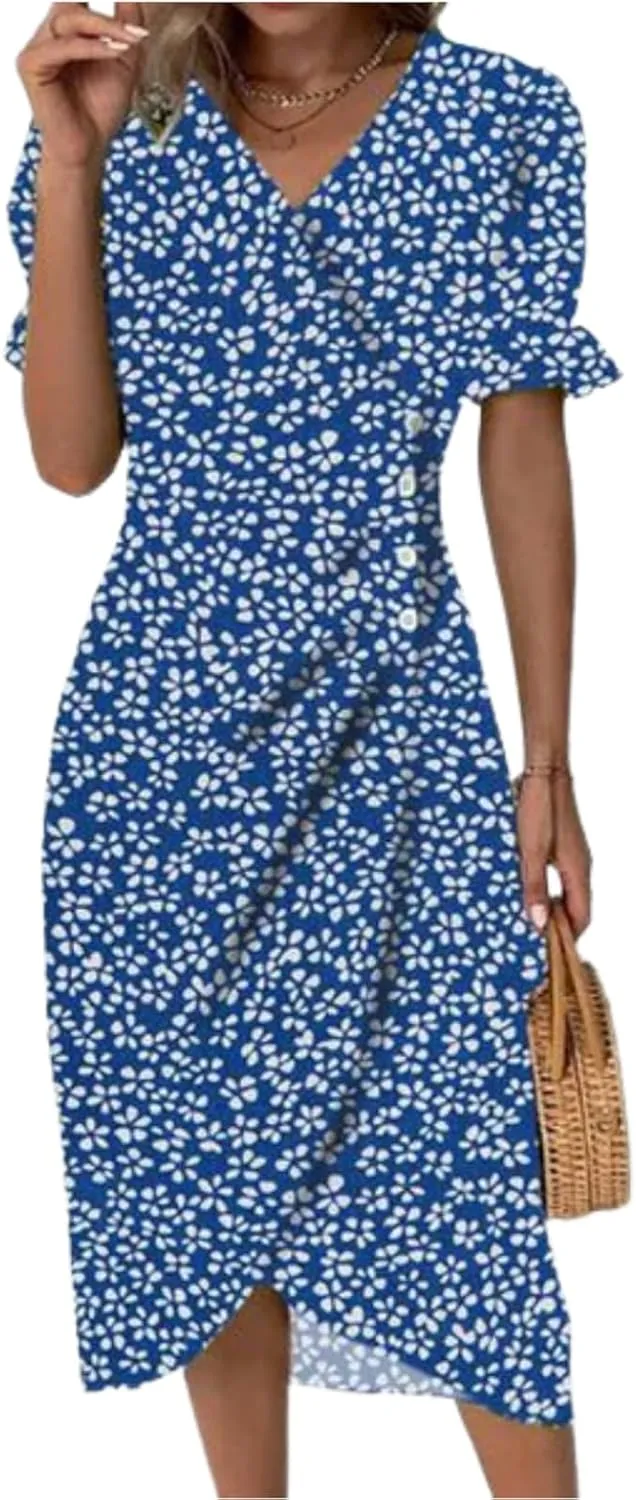 Women's Dresses Print V Neck Ruffles Short Sleeve Dress Midi A Line Side Buttons Dress Wrap Dresses