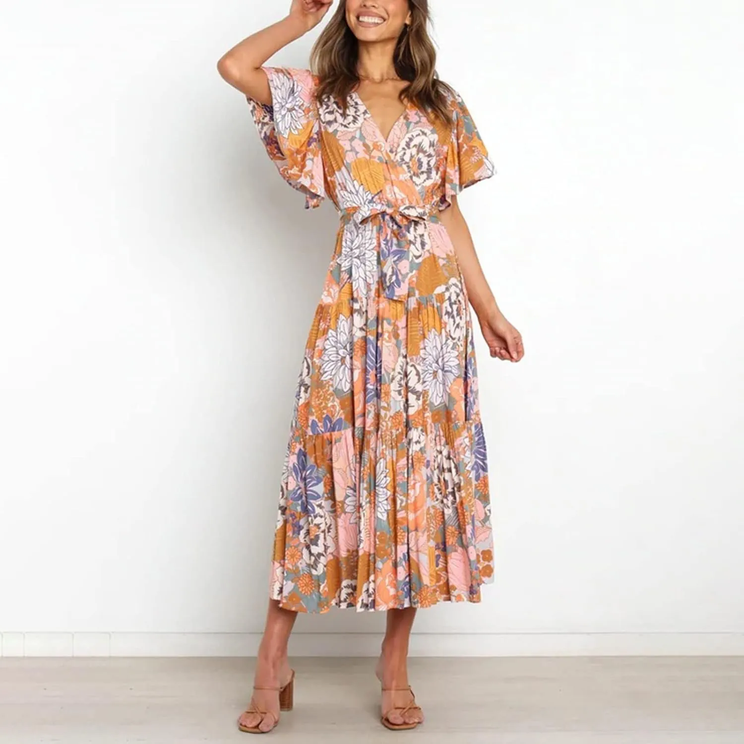 Womens Dresses V Neck Ruffle Sleeve Ankle Length Gowns Flowy Pleated Swing Wrap Boho Beach Dress