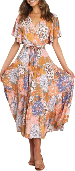 Womens Dresses V Neck Ruffle Sleeve Ankle Length Gowns Flowy Pleated Swing Wrap Boho Beach Dress