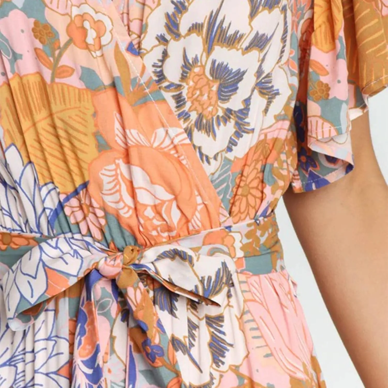 Womens Dresses V Neck Ruffle Sleeve Ankle Length Gowns Flowy Pleated Swing Wrap Boho Beach Dress