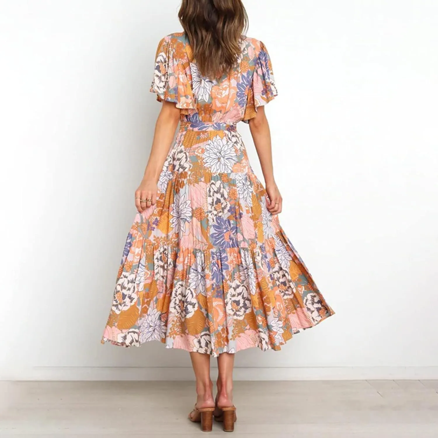 Womens Dresses V Neck Ruffle Sleeve Ankle Length Gowns Flowy Pleated Swing Wrap Boho Beach Dress