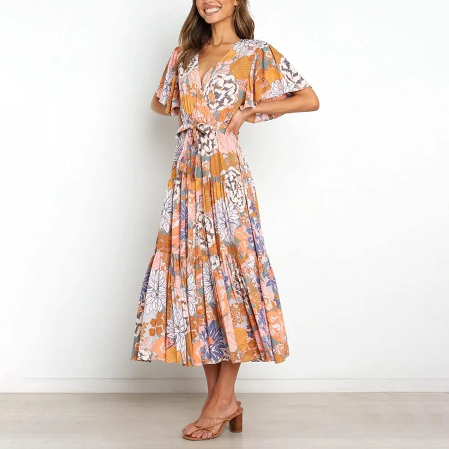 Womens Dresses V Neck Ruffle Sleeve Ankle Length Gowns Flowy Pleated Swing Wrap Boho Beach Dress