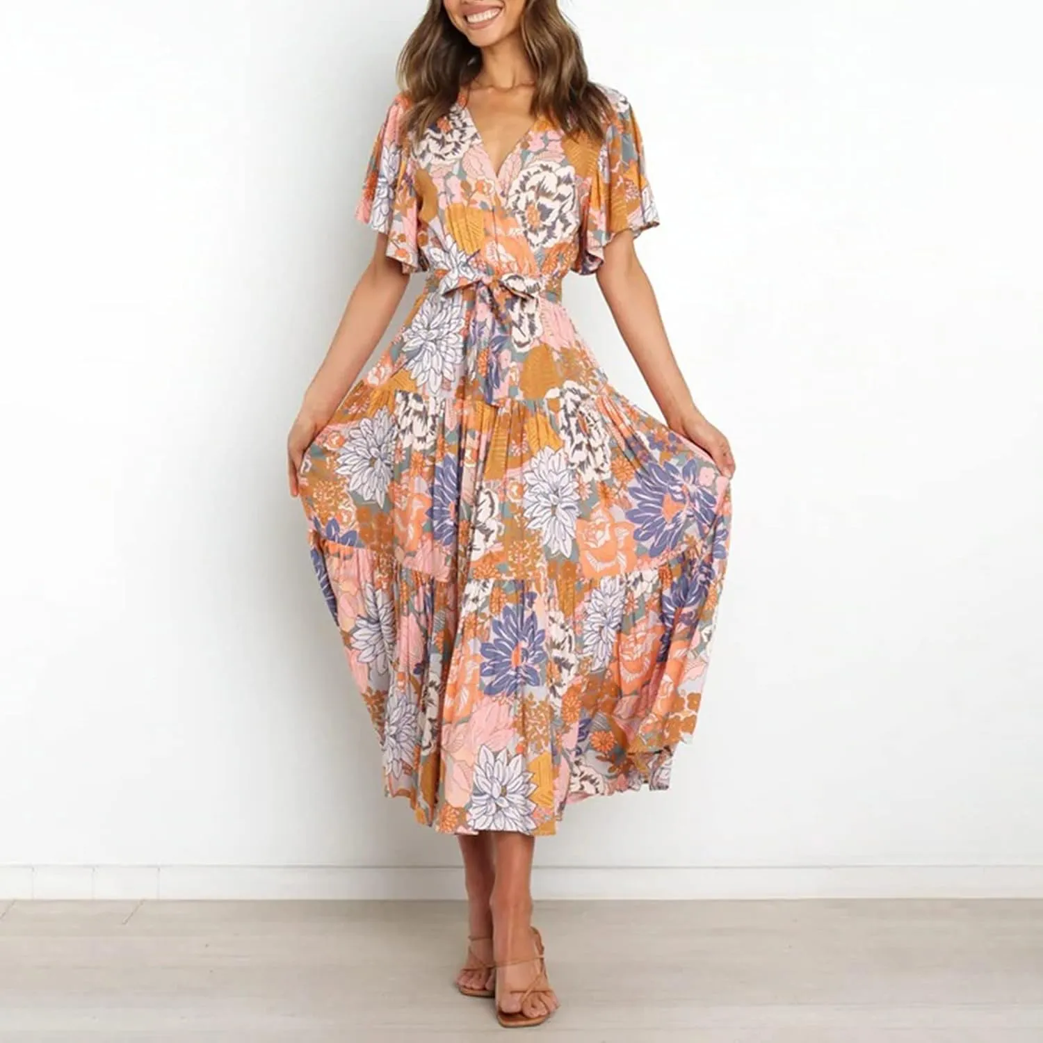Womens Dresses V Neck Ruffle Sleeve Ankle Length Gowns Flowy Pleated Swing Wrap Boho Beach Dress