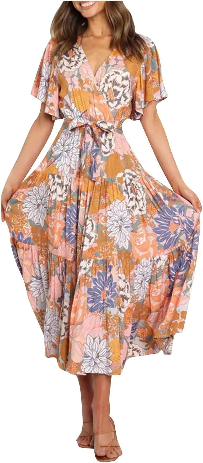 Womens Dresses V Neck Ruffle Sleeve Ankle Length Gowns Flowy Pleated Swing Wrap Boho Beach Dress