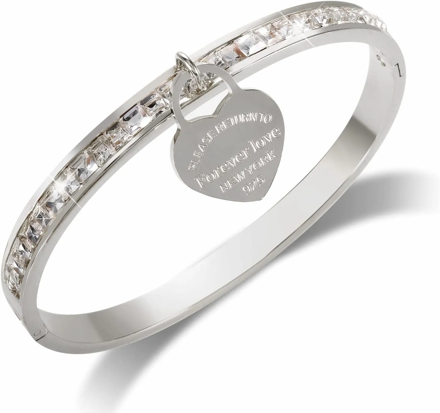 Womens Gold Bangle Bracelet, Bangles Bracelets for Women with Heart Charm 18K Gold Plated Dainty Thin Small Stacking Dangling Bangles with CZ Simulated Diamond 6.5