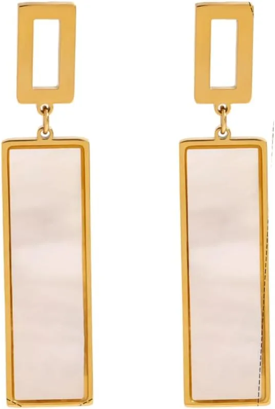 Women's Gold-Plated Stainless Steel Geometric Dangle Earrings with Hollow Square Stud and Rectangular Shell Inlay Charm