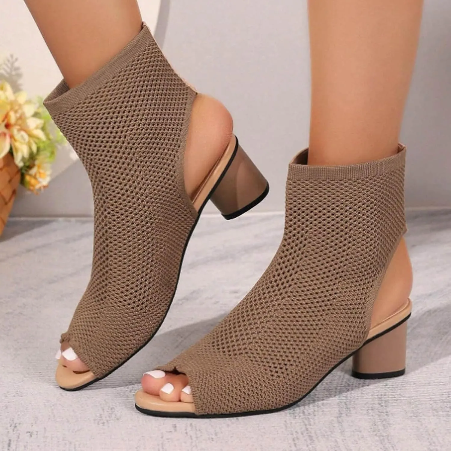 Women's Knit Toe Chunky Heel Ankle Boots Open Pointed Toe Slingback Heeled Sandals Summer High Heels for Little Girl