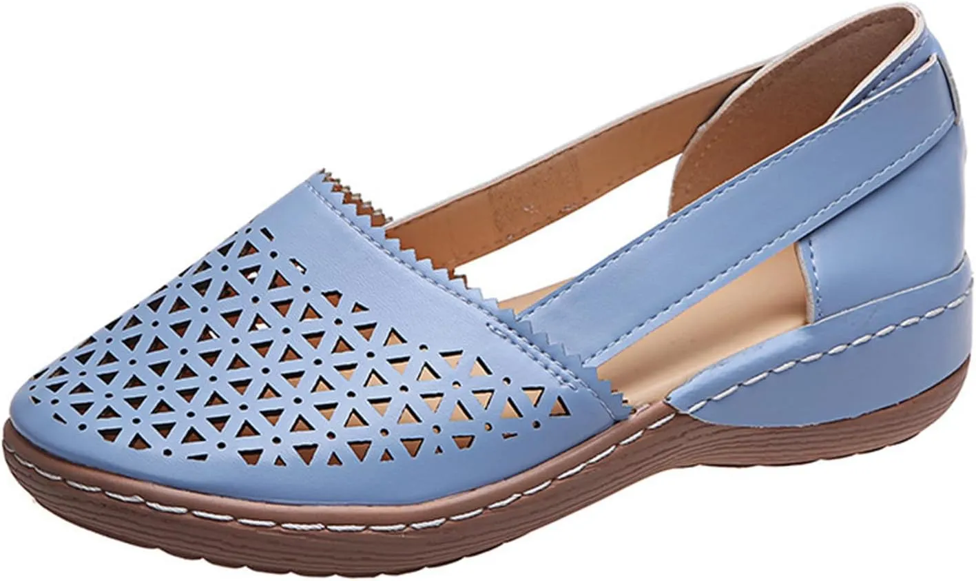 Womens Leather Sandals Comfortable Hollow Out Breathable Summer Flats Low Heel Travel Shoes Slip on Loafers Outdoor Walking Beach Sandals