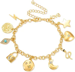 Womens Link Charm Bracelet Unicorn Butterfly Star Heart Pendant Charms Bracelet Bangles for Women