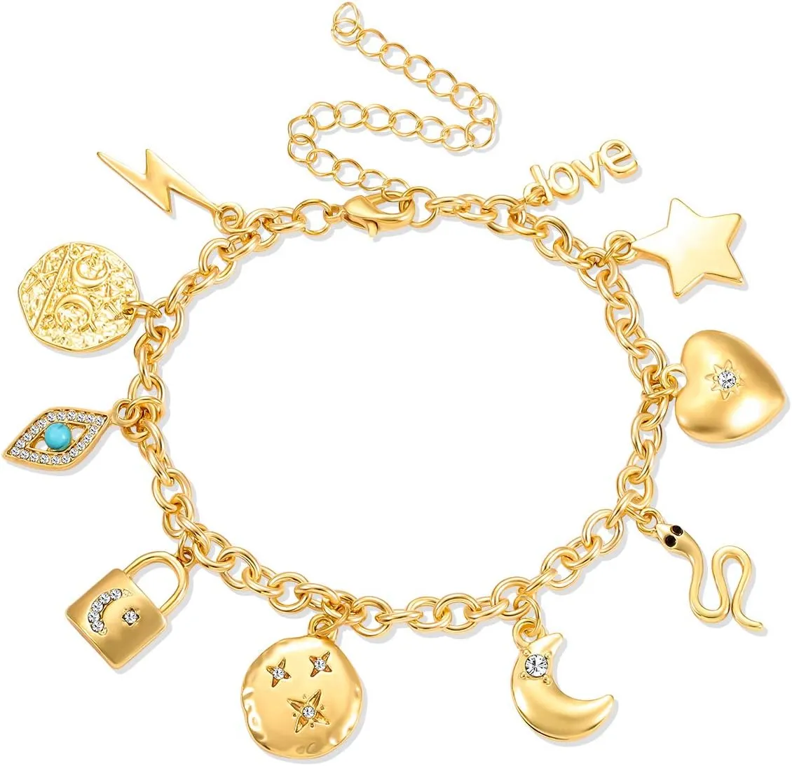Womens Link Charm Bracelet Unicorn Butterfly Star Heart Pendant Charms Bracelet Bangles for Women