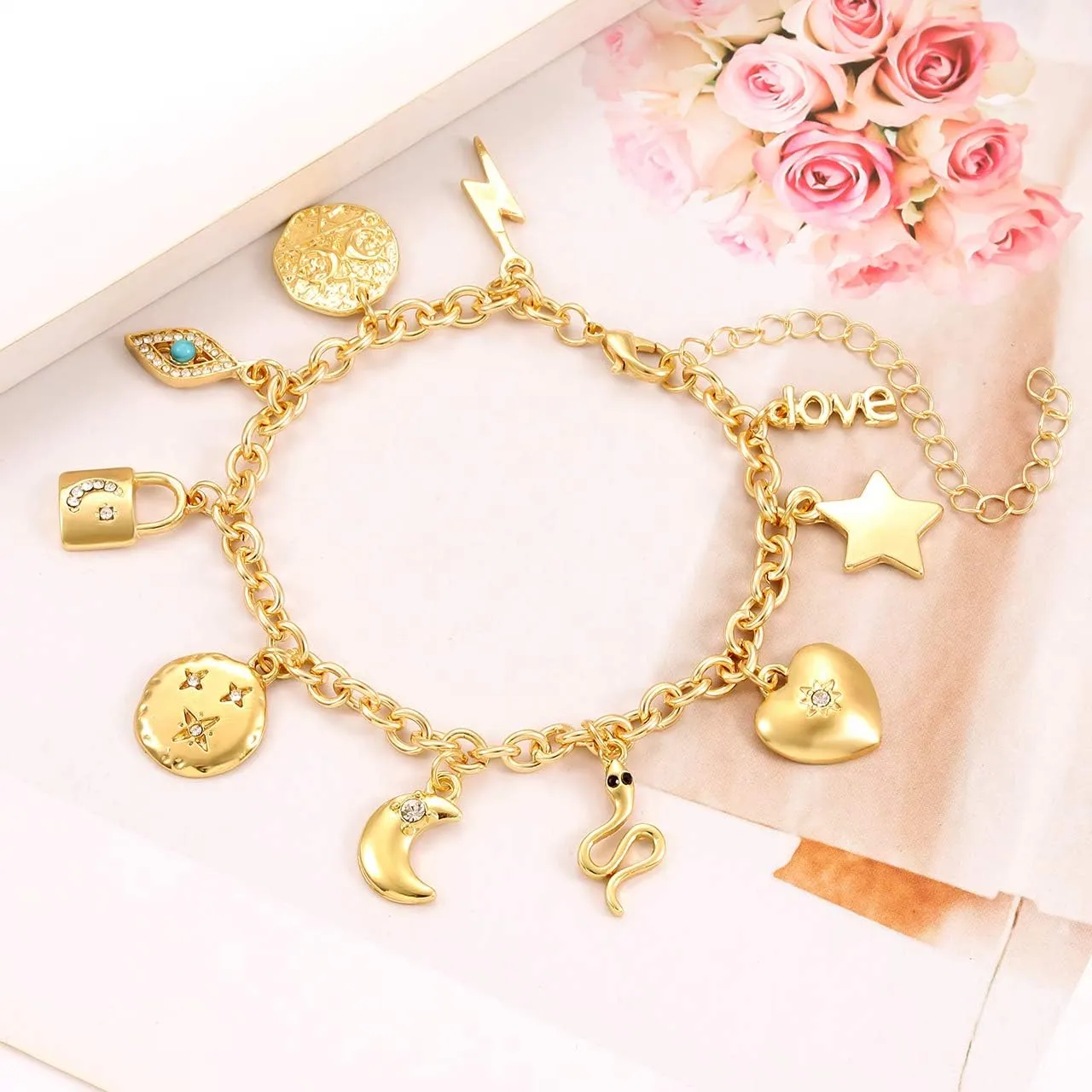 Womens Link Charm Bracelet Unicorn Butterfly Star Heart Pendant Charms Bracelet Bangles for Women