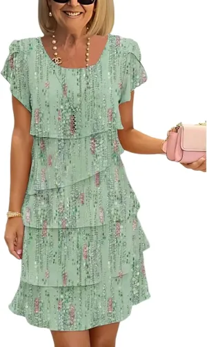 Women's Mint Green Floral Print Short Sleeve Crewneck Tiered Ruffle Mini Dress Elegant Casual 2025 Summer Trendy Clothes