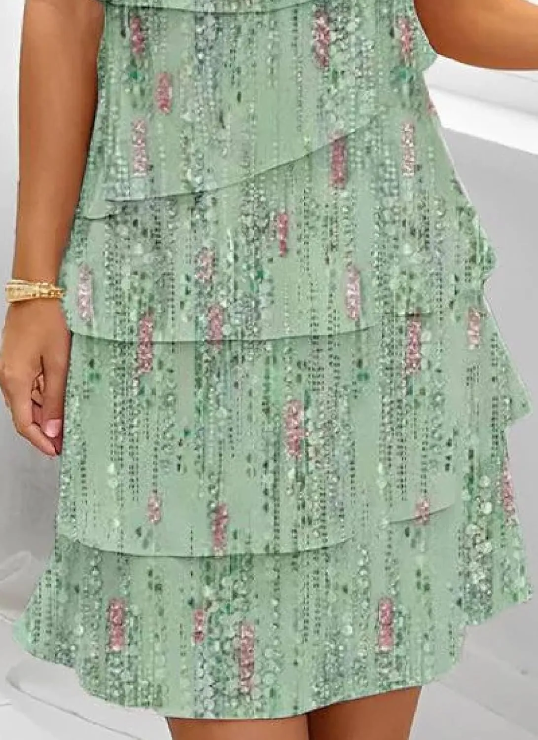 Women's Mint Green Floral Print Short Sleeve Crewneck Tiered Ruffle Mini Dress Elegant Casual 2025 Summer Trendy Clothes