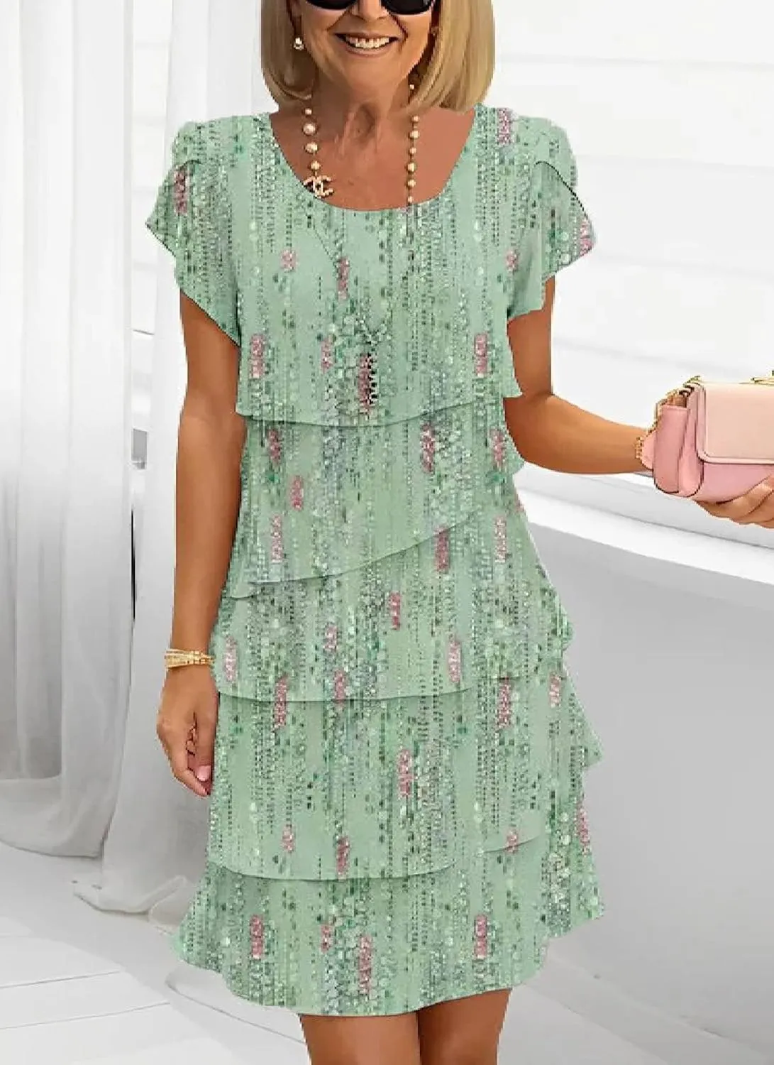 Women's Mint Green Floral Print Short Sleeve Crewneck Tiered Ruffle Mini Dress Elegant Casual 2025 Summer Trendy Clothes