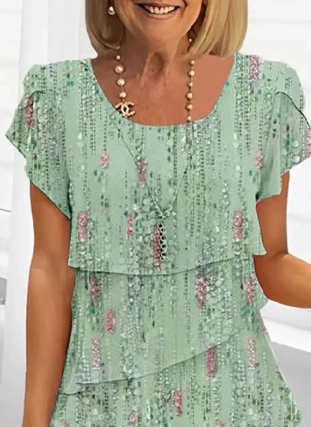 Women's Mint Green Floral Print Short Sleeve Crewneck Tiered Ruffle Mini Dress Elegant Casual 2025 Summer Trendy Clothes