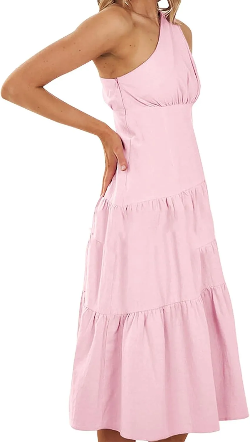 Women's One Shoulder Ruffle Sleeve Dresses Ruched A Line Flowy Dress Sexy Flowy Party Elegant Solid Color Beach Dress