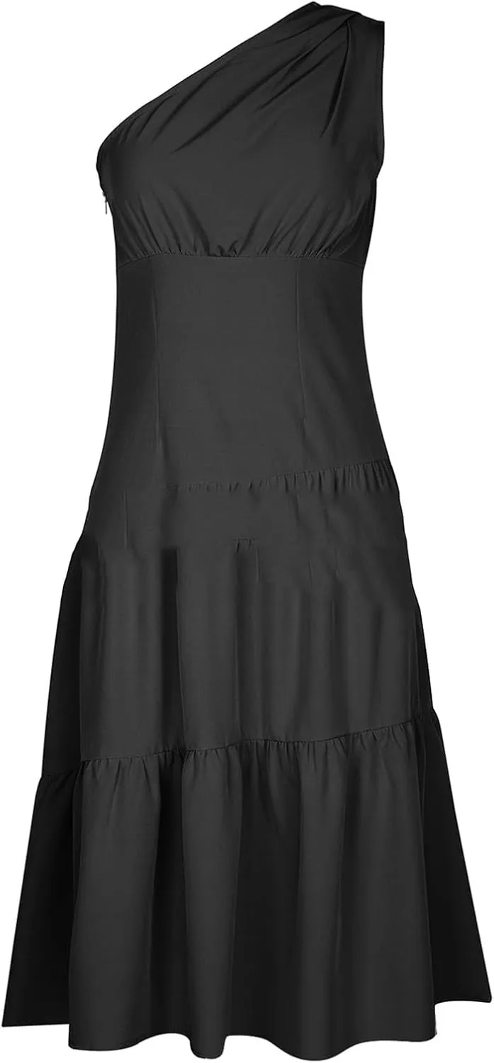 Women's One Shoulder Ruffle Sleeve Dresses Ruched A Line Flowy Dress Sexy Flowy Party Elegant Solid Color Beach Dress