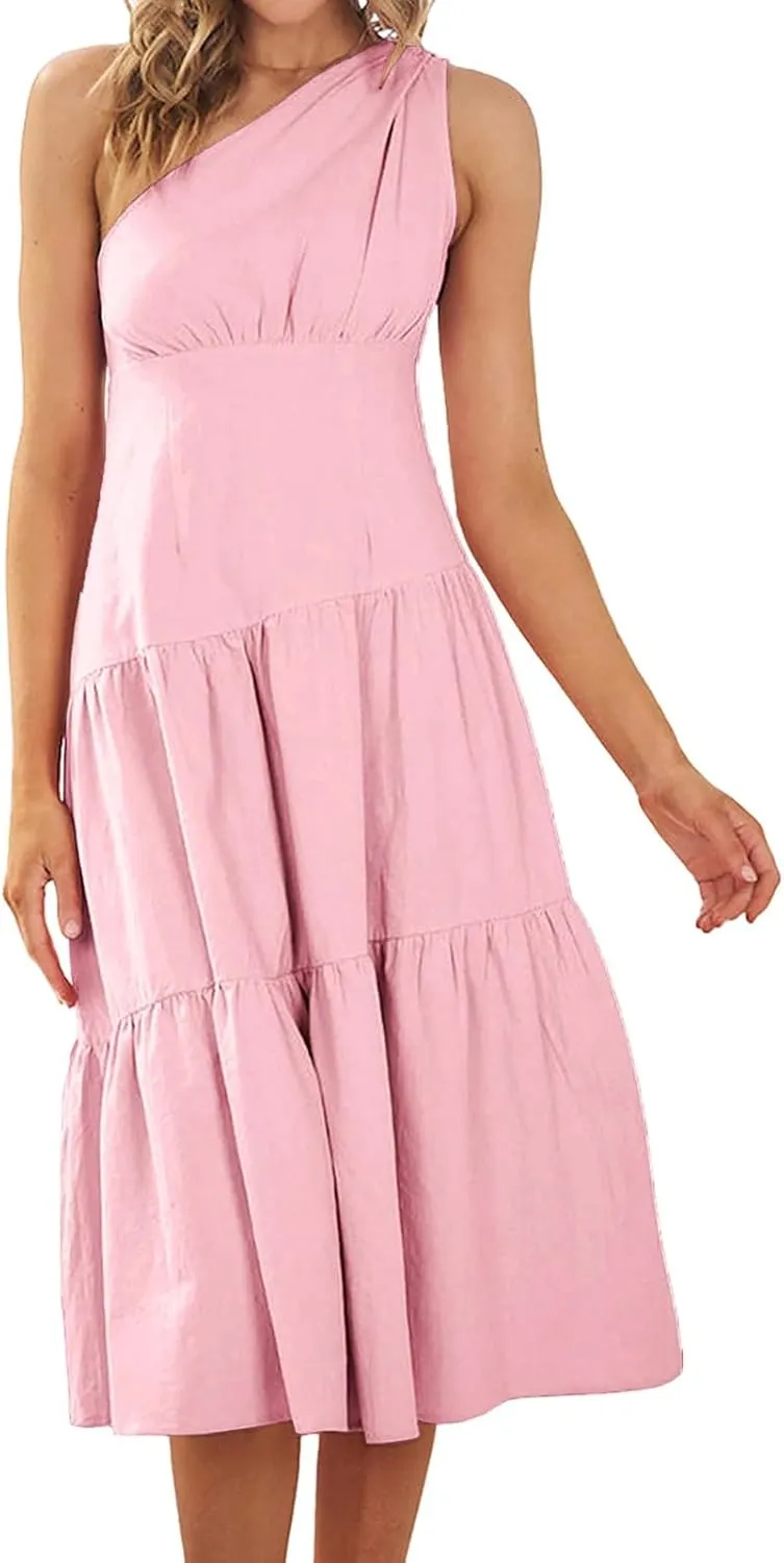 Women's One Shoulder Ruffle Sleeve Dresses Ruched A Line Flowy Dress Sexy Flowy Party Elegant Solid Color Beach Dress