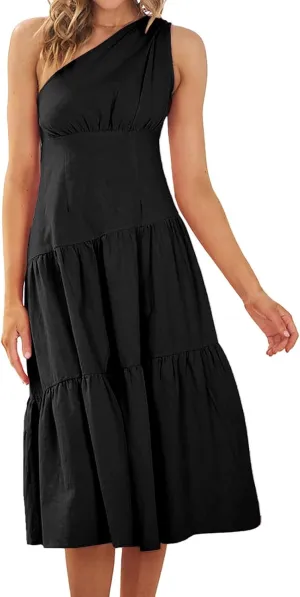 Women's One Shoulder Ruffle Sleeve Dresses Ruched A Line Flowy Dress Sexy Flowy Party Elegant Solid Color Beach Dress