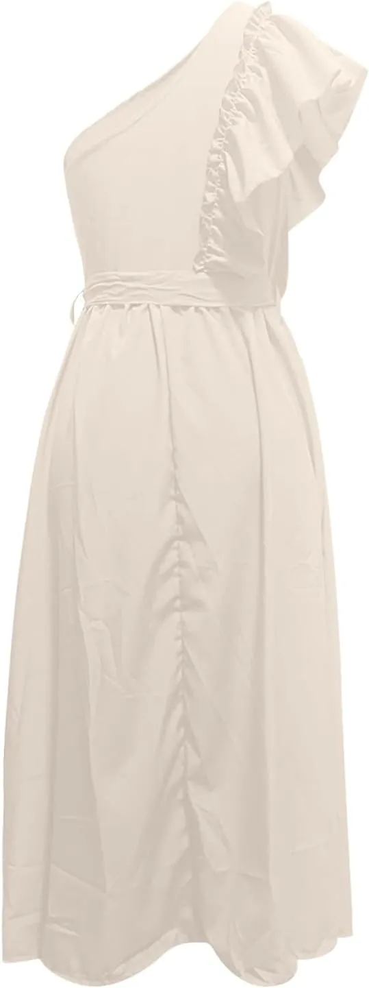 Women's One Shoulder Ruffle Sleeve Dresses Ruched A Line Flowy Dress Sexy Flowy Party Elegant Solid Color Beach Dress