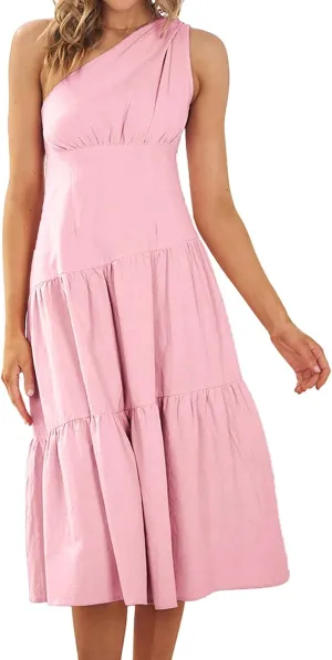 Women's One Shoulder Ruffle Sleeve Dresses Ruched A Line Flowy Dress Sexy Flowy Party Elegant Solid Color Beach Dress