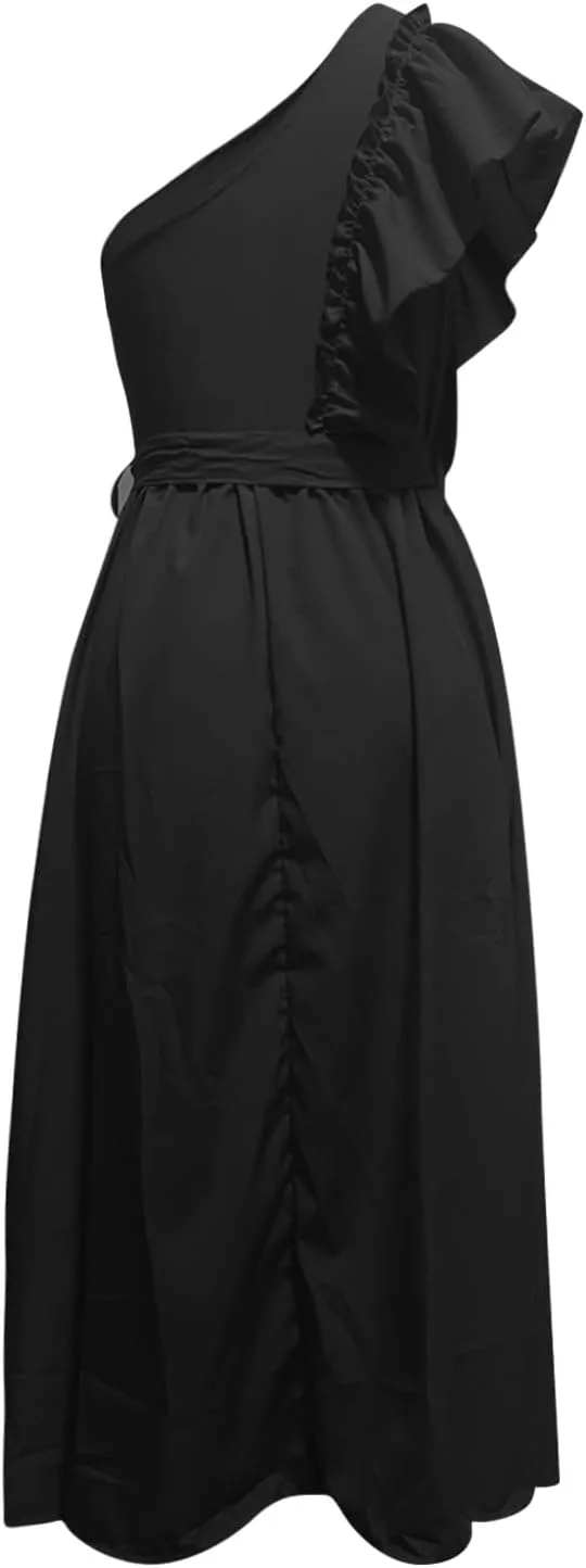 Women's One Shoulder Ruffle Sleeve Dresses Ruched A Line Flowy Dress Sexy Flowy Party Elegant Solid Color Beach Dress