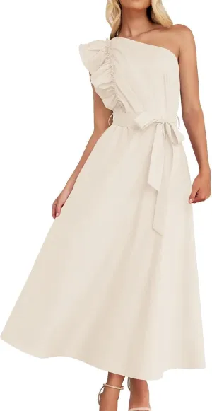 Women's One Shoulder Ruffle Sleeve Dresses Ruched A Line Flowy Dress Sexy Flowy Party Elegant Solid Color Beach Dress