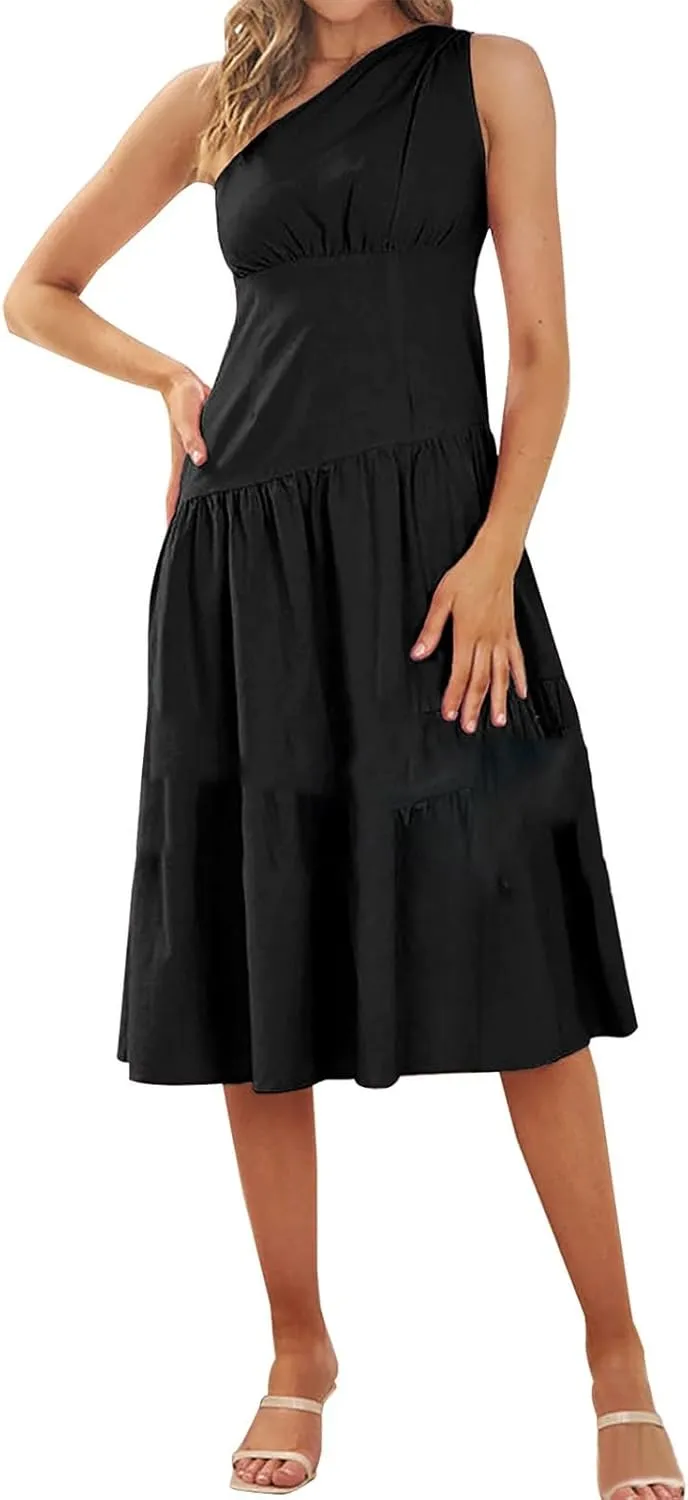 Women's One Shoulder Ruffle Sleeve Dresses Ruched A Line Flowy Dress Sexy Flowy Party Elegant Solid Color Beach Dress