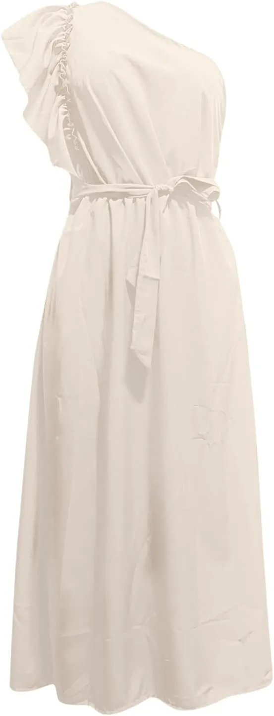 Women's One Shoulder Ruffle Sleeve Dresses Ruched A Line Flowy Dress Sexy Flowy Party Elegant Solid Color Beach Dress