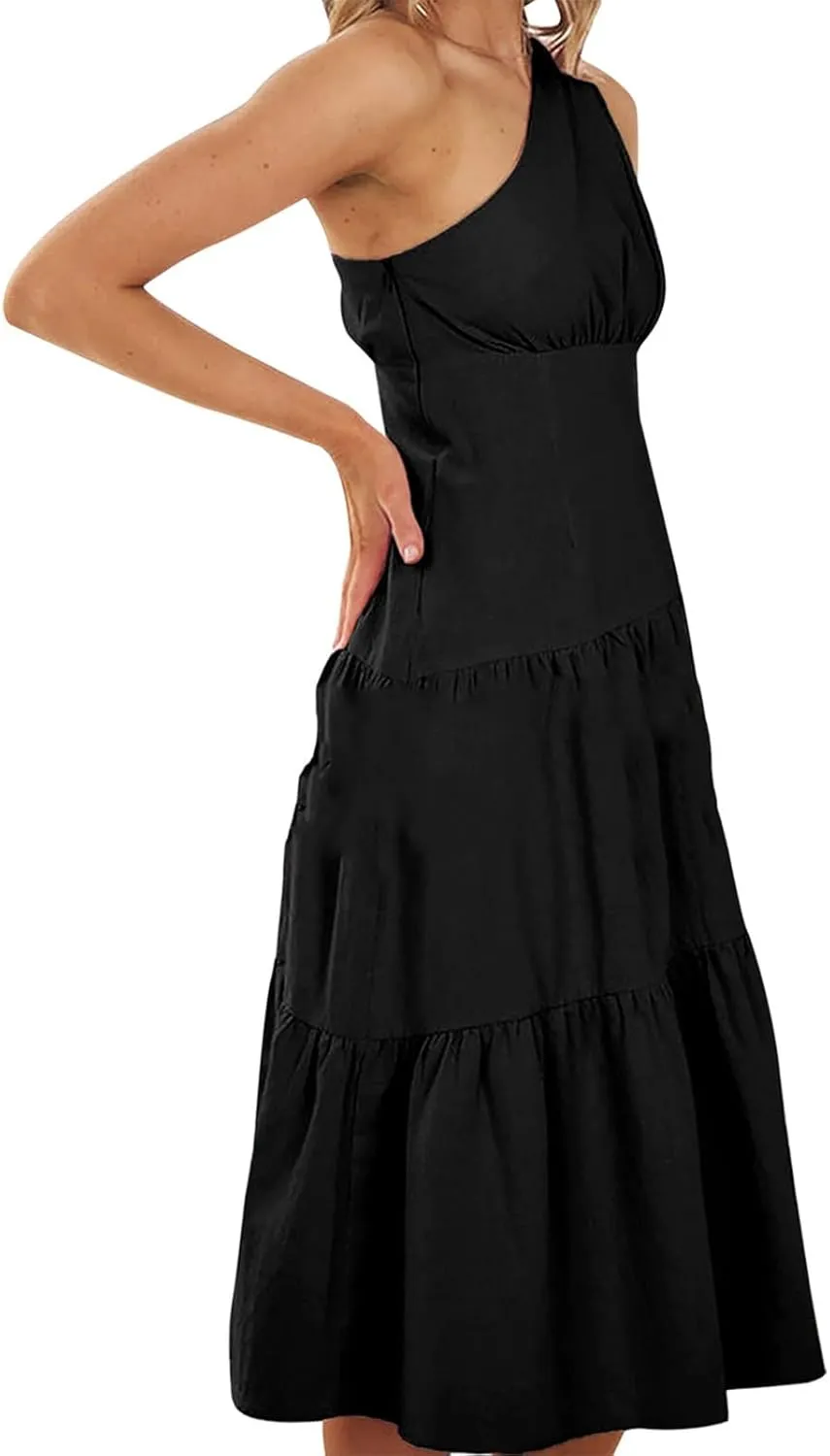 Women's One Shoulder Ruffle Sleeve Dresses Ruched A Line Flowy Dress Sexy Flowy Party Elegant Solid Color Beach Dress