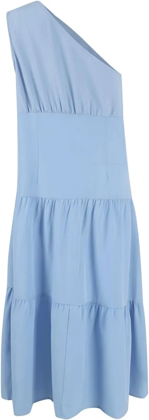 Women's One Shoulder Ruffle Sleeve Dresses Ruched A Line Flowy Dress Sexy Flowy Party Elegant Solid Color Beach Dress