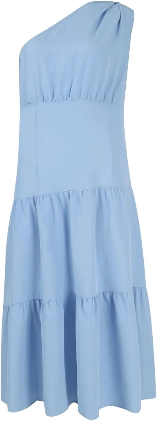 Women's One Shoulder Ruffle Sleeve Dresses Ruched A Line Flowy Dress Sexy Flowy Party Elegant Solid Color Beach Dress