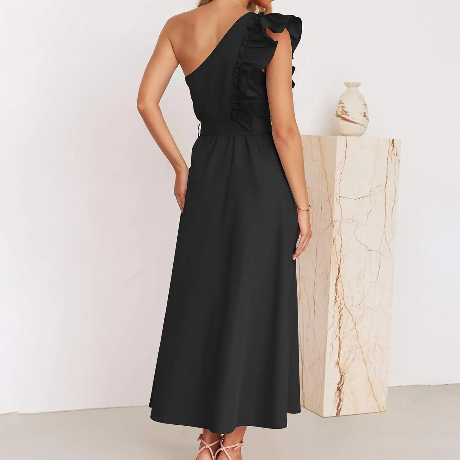 Women's One Shoulder Ruffle Sleeve Dresses Ruched A Line Flowy Dress Sexy Flowy Party Elegant Solid Color Beach Dress