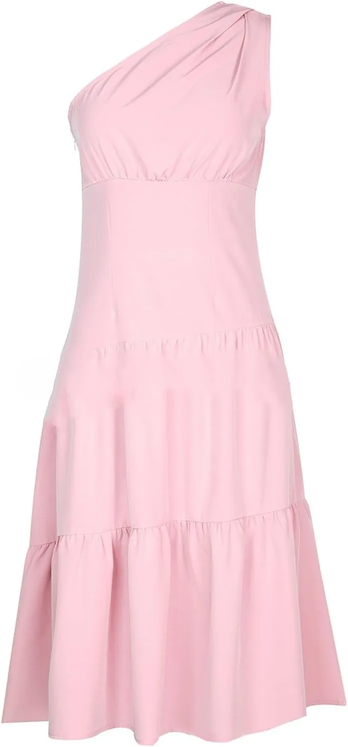 Women's One Shoulder Ruffle Sleeve Dresses Ruched A Line Flowy Dress Sexy Flowy Party Elegant Solid Color Beach Dress