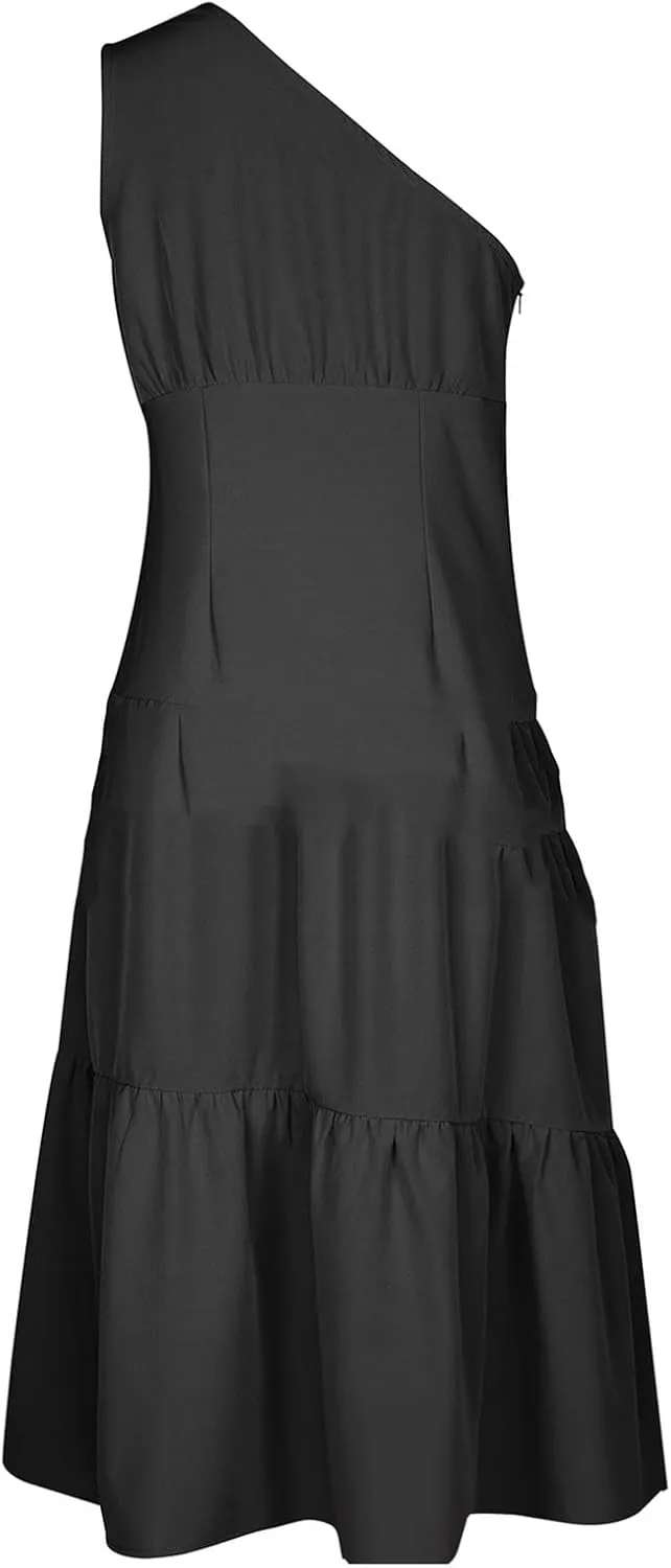 Women's One Shoulder Ruffle Sleeve Dresses Ruched A Line Flowy Dress Sexy Flowy Party Elegant Solid Color Beach Dress