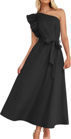 Women's One Shoulder Ruffle Sleeve Dresses Ruched A Line Flowy Dress Sexy Flowy Party Elegant Solid Color Beach Dress