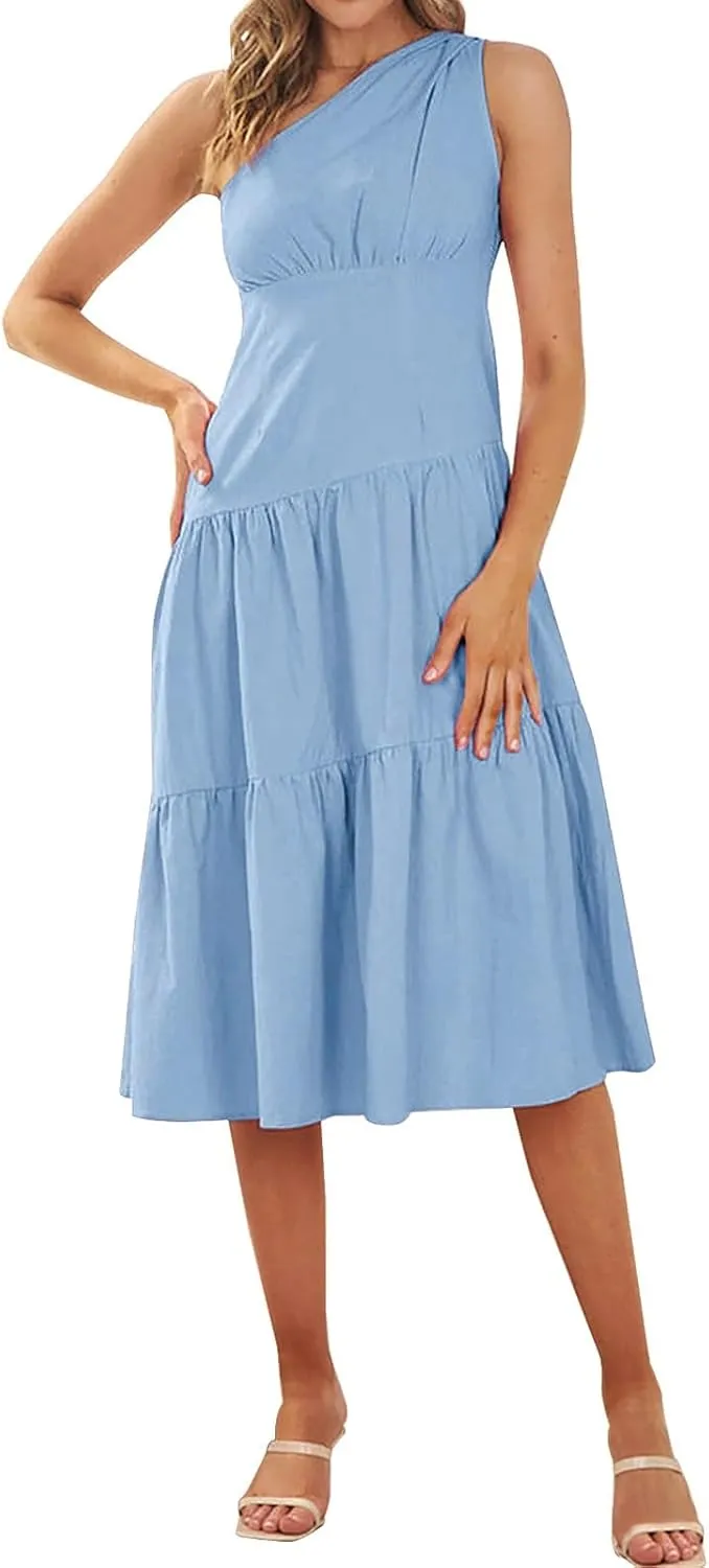 Women's One Shoulder Ruffle Sleeve Dresses Ruched A Line Flowy Dress Sexy Flowy Party Elegant Solid Color Beach Dress