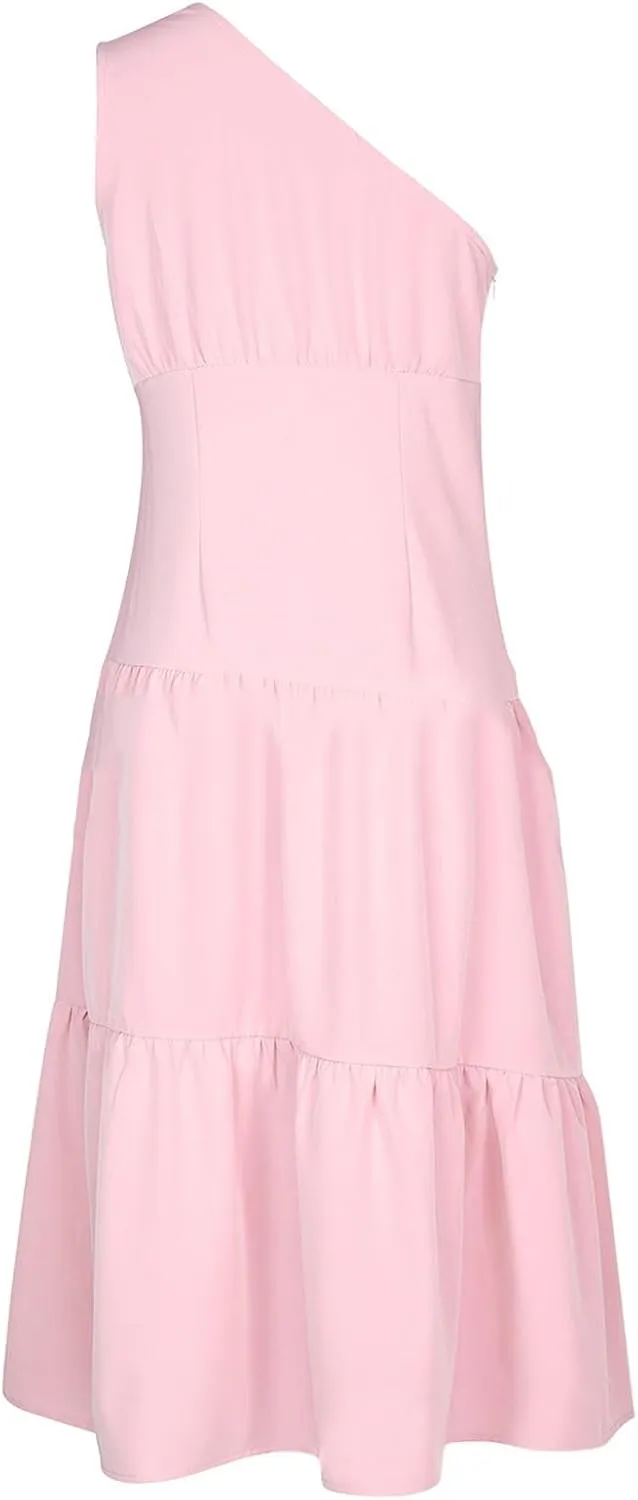 Women's One Shoulder Ruffle Sleeve Dresses Ruched A Line Flowy Dress Sexy Flowy Party Elegant Solid Color Beach Dress
