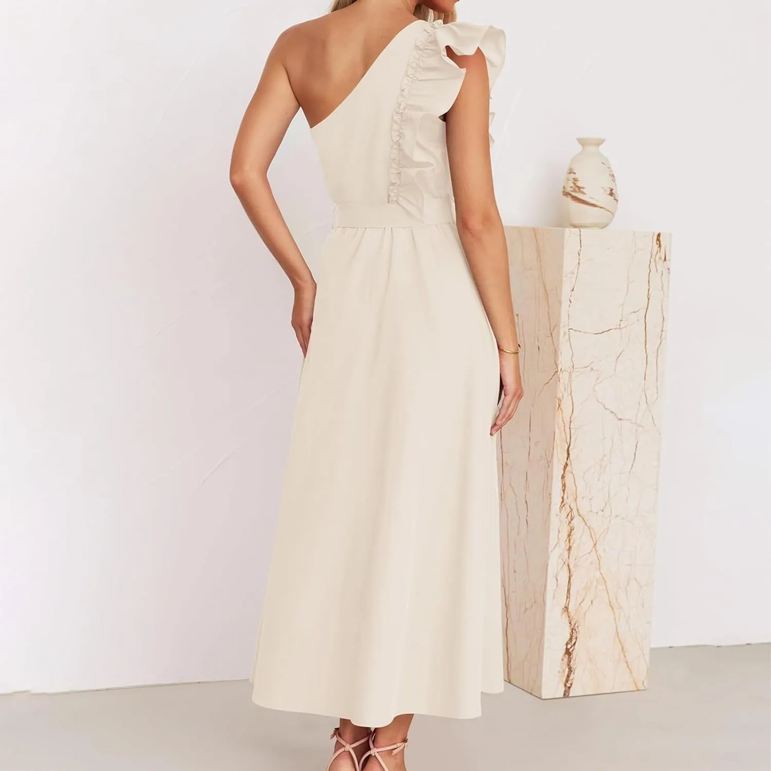 Women's One Shoulder Ruffle Sleeve Dresses Ruched A Line Flowy Dress Sexy Flowy Party Elegant Solid Color Beach Dress