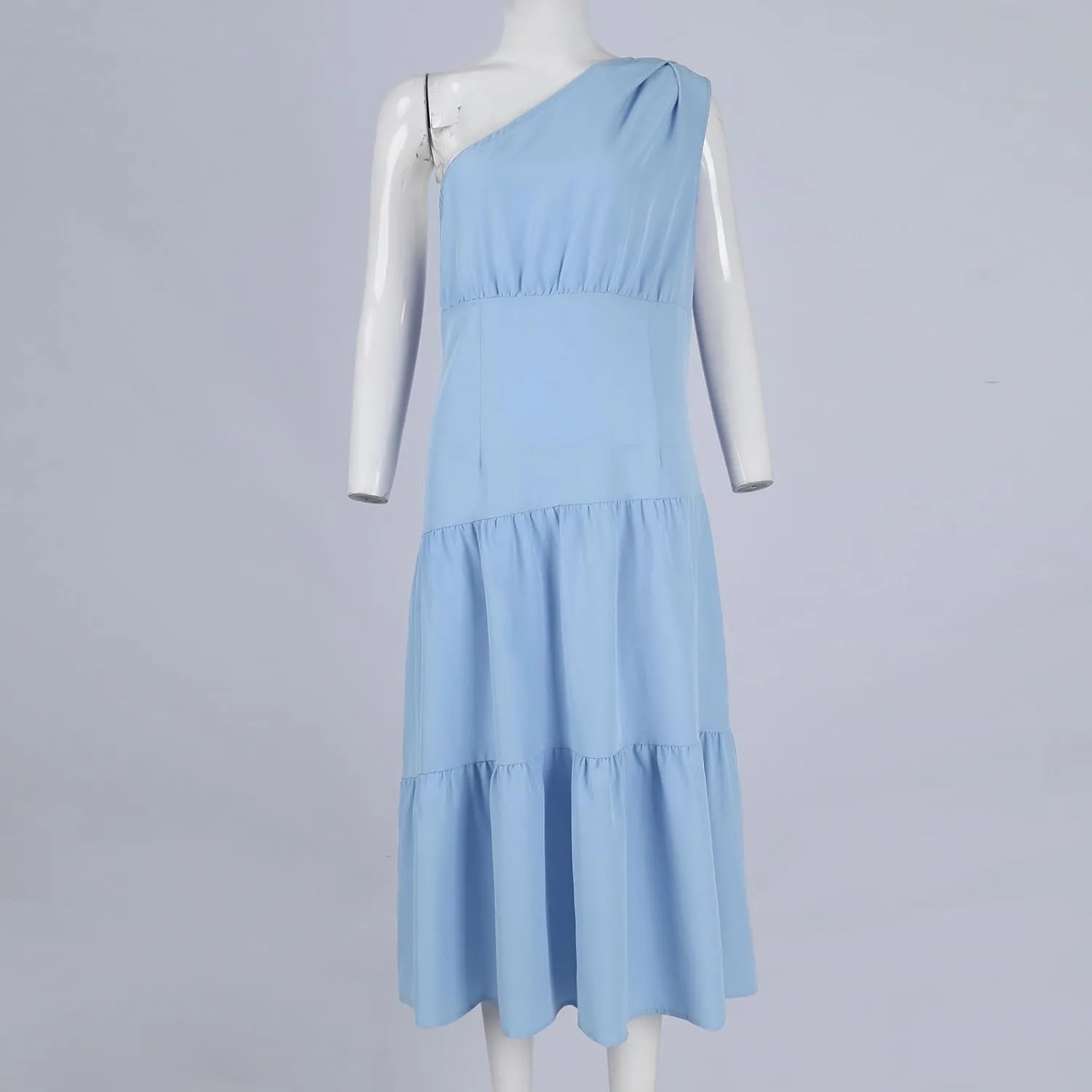Women's One Shoulder Ruffle Sleeve Dresses Ruched A Line Flowy Dress Sexy Flowy Party Elegant Solid Color Beach Dress