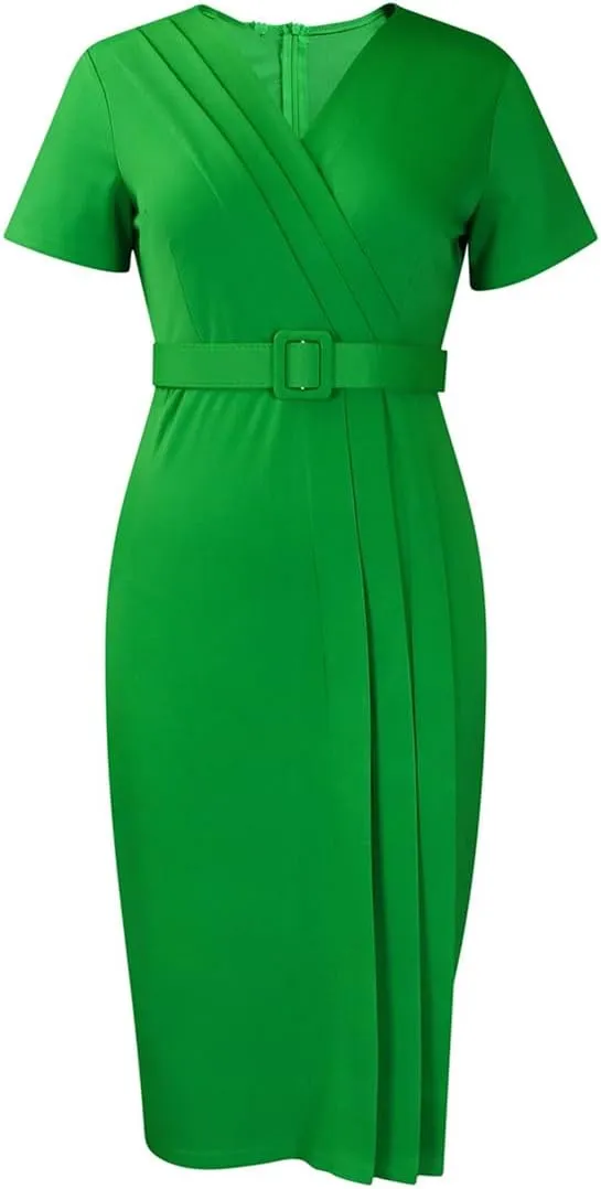 Women's Peplum Bodycon Dress Sexy V Neck Half Sleeve Office Work Midi Pencil Dress Ruched Summer Dresses