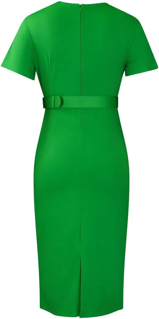 Women's Peplum Bodycon Dress Sexy V Neck Half Sleeve Office Work Midi Pencil Dress Ruched Summer Dresses
