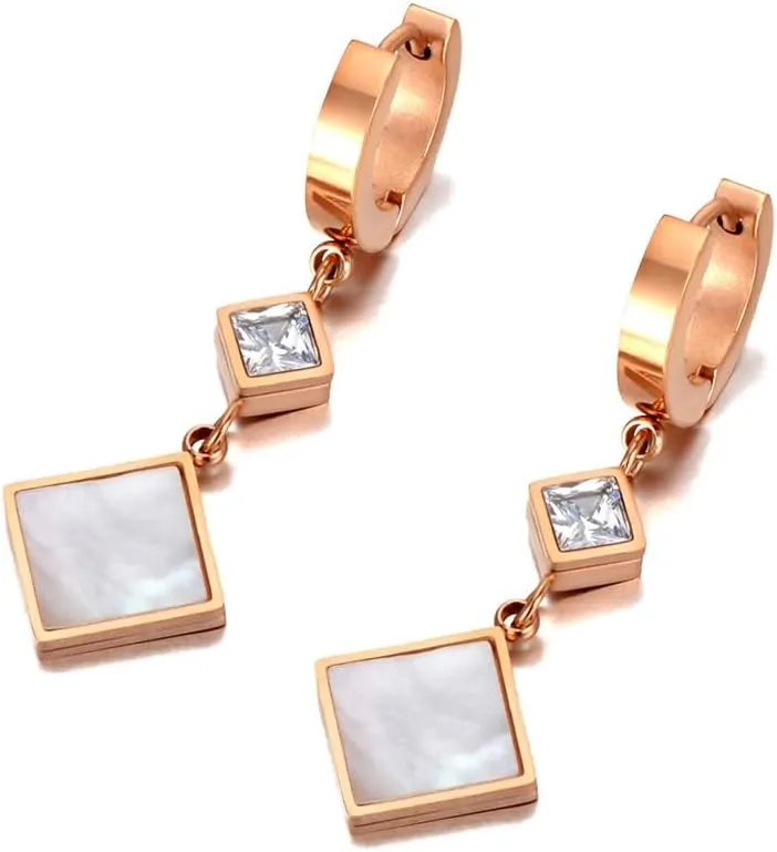 Women's Rose Gold Plated Stainless Steel Huggie Hoop Earrings with Square CZ Crystal and White Shell Charms